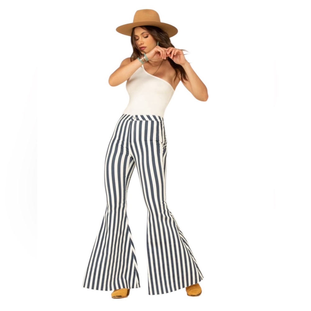 Vintage Bell Bottom Pull On Jeans Striped 70s Hippie Boho Festival Retro
